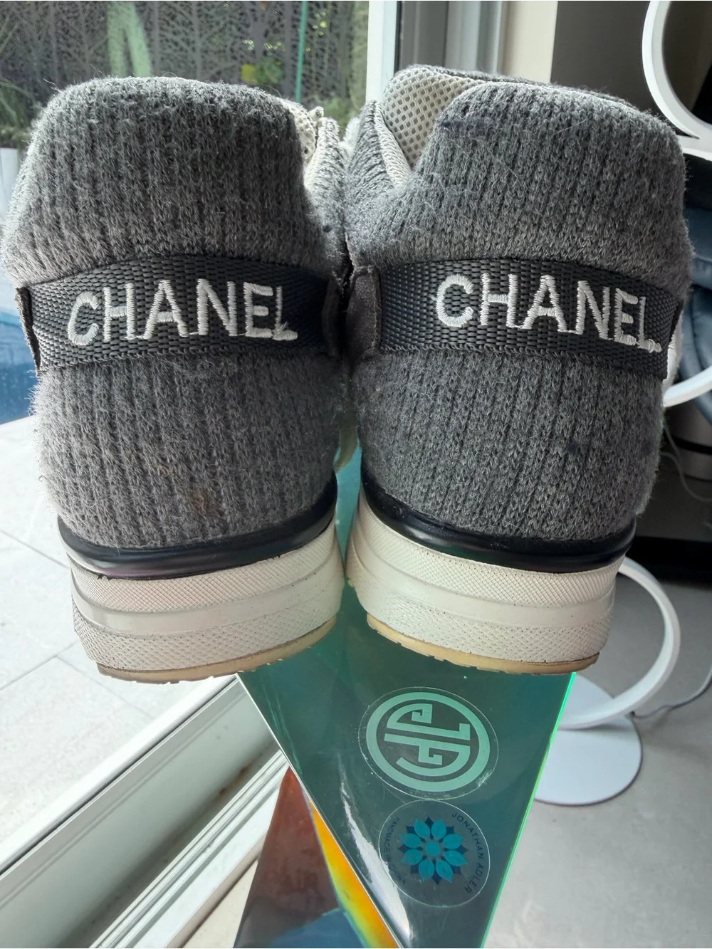 CHANEL Kids' Gray Knit Logo Back Sneakers